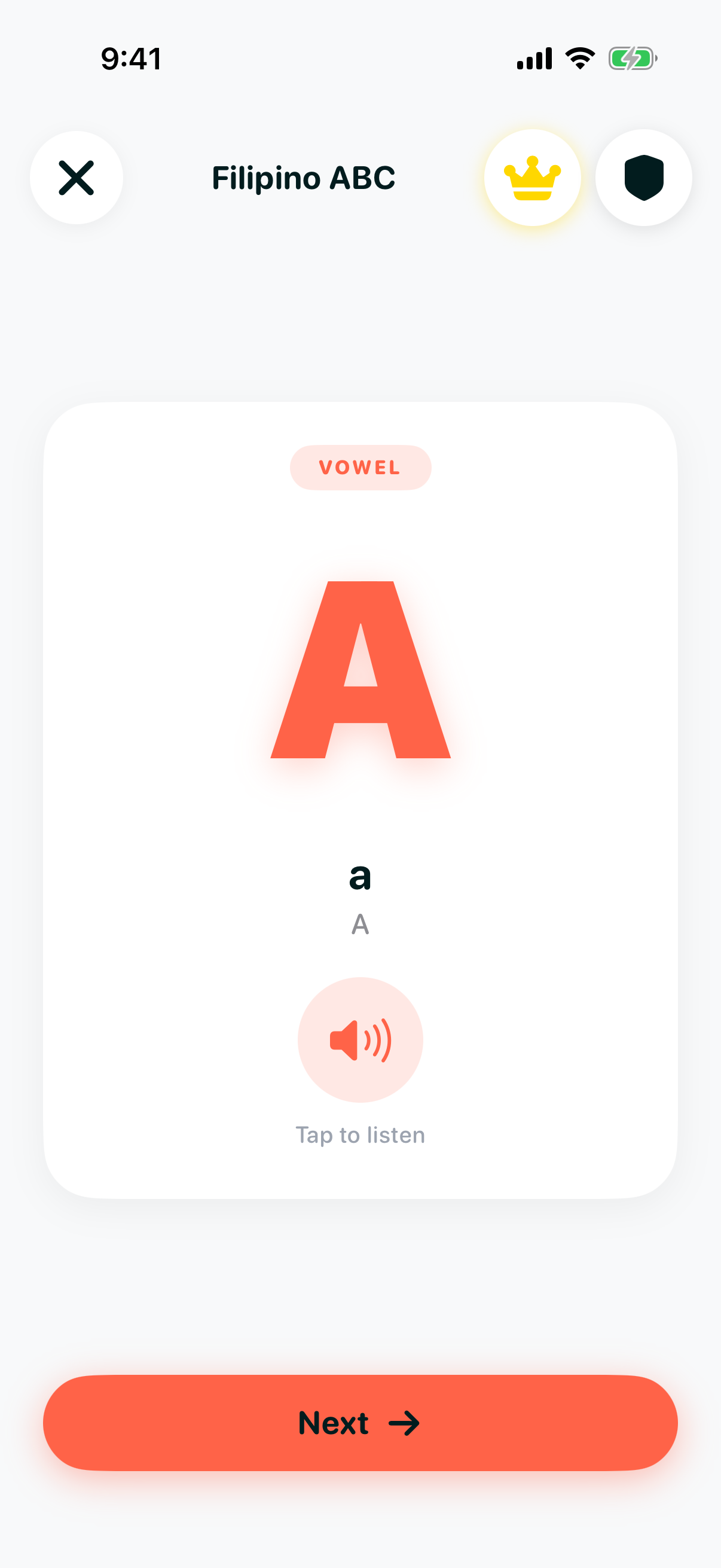 Filipino ABC lesson screen showing a large coral letter A marked VOWEL, with its lowercase pair and an audio button
