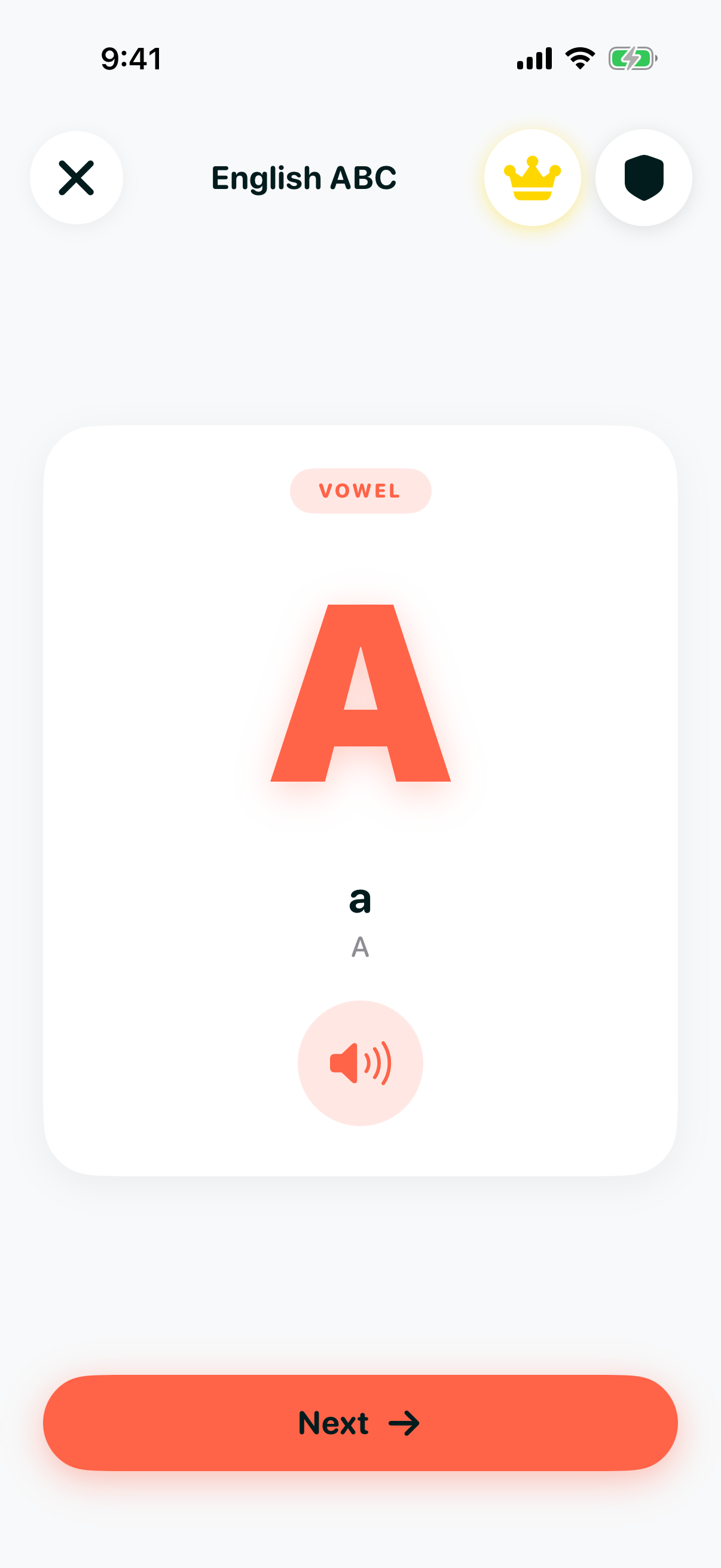 Alphabet lesson screen showing a large coral letter A marked VOWEL, with its lowercase pair and an audio button