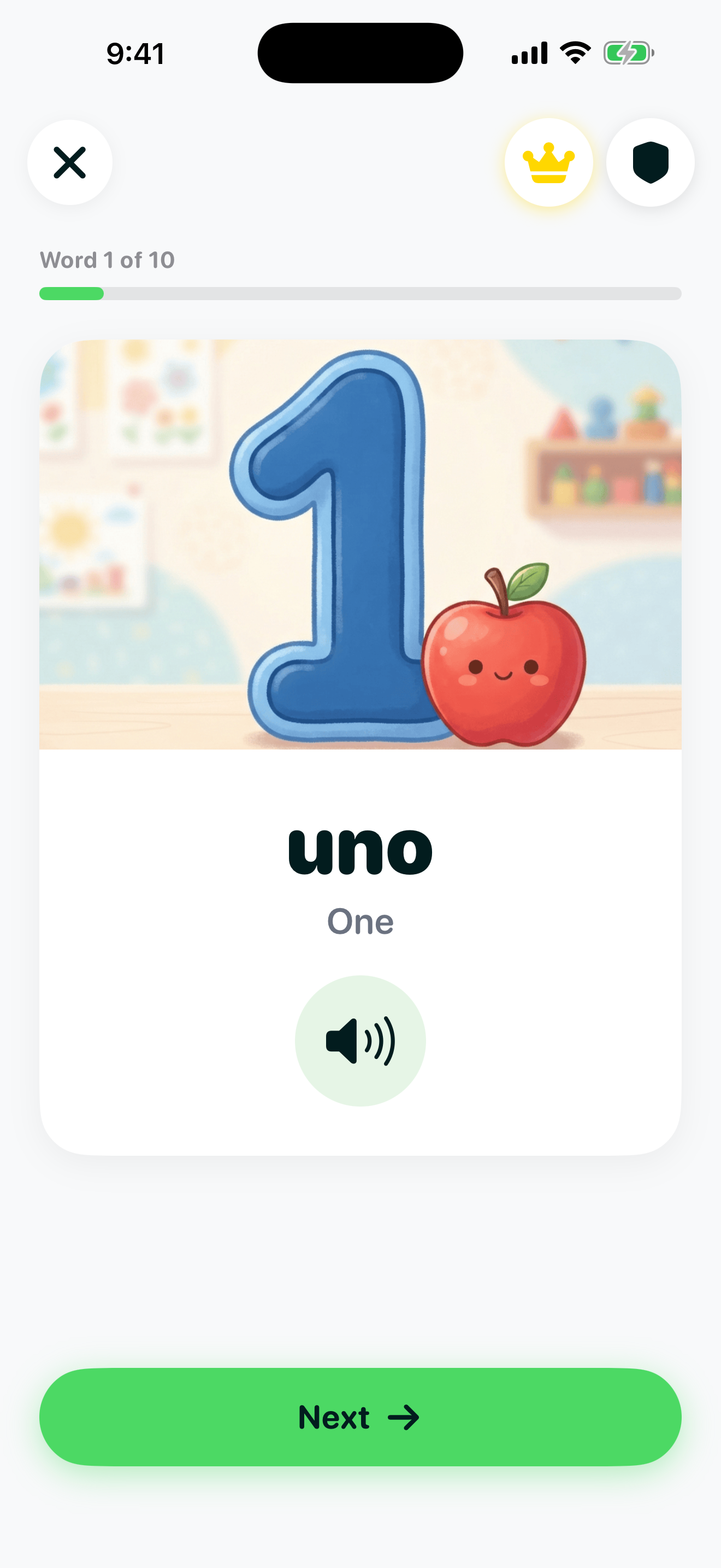 Number card for uno (One) showing a large numeral 1 beside a smiling cartoon apple with a tap-to-listen audio button