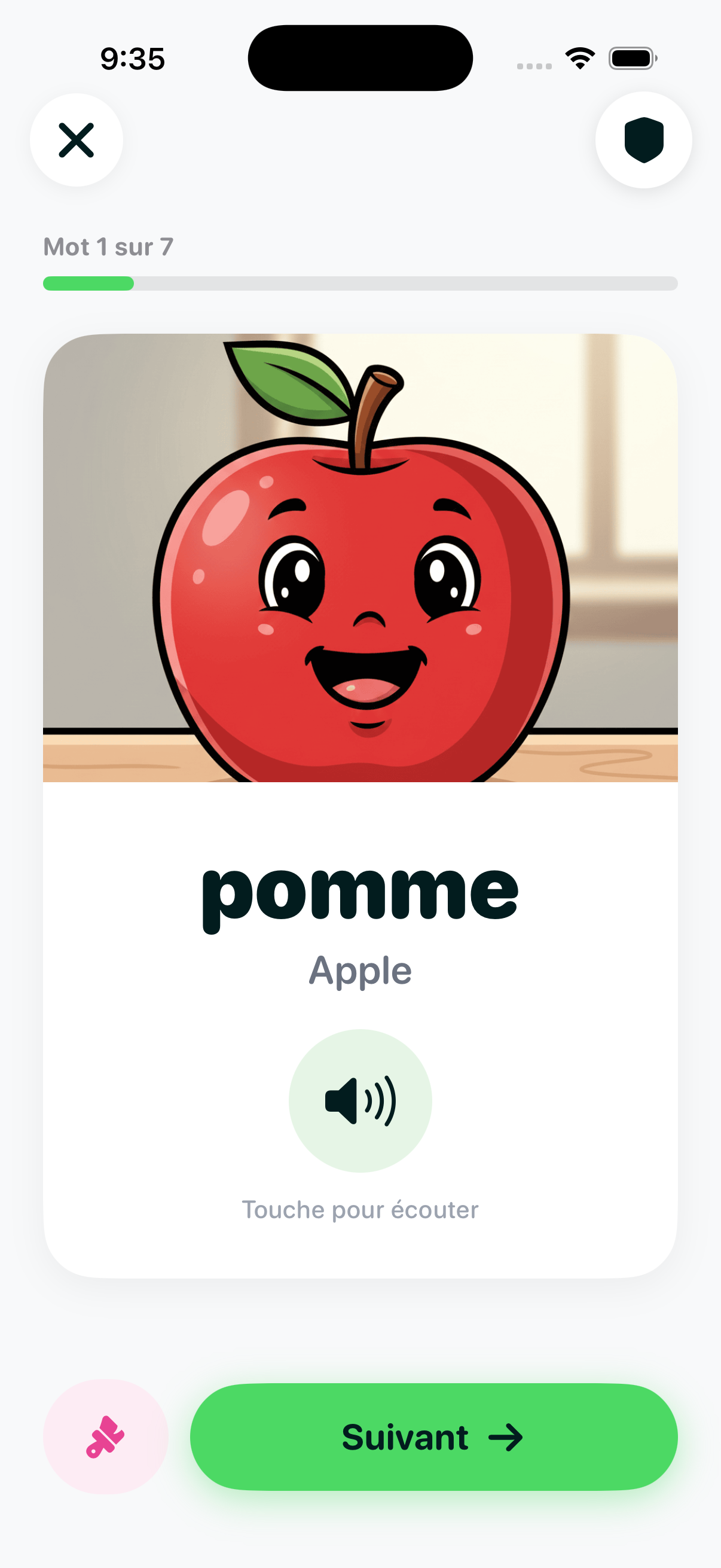 Word card for 'pomme' (Apple) showing a smiling cartoon apple character with a tap-to-listen audio button
