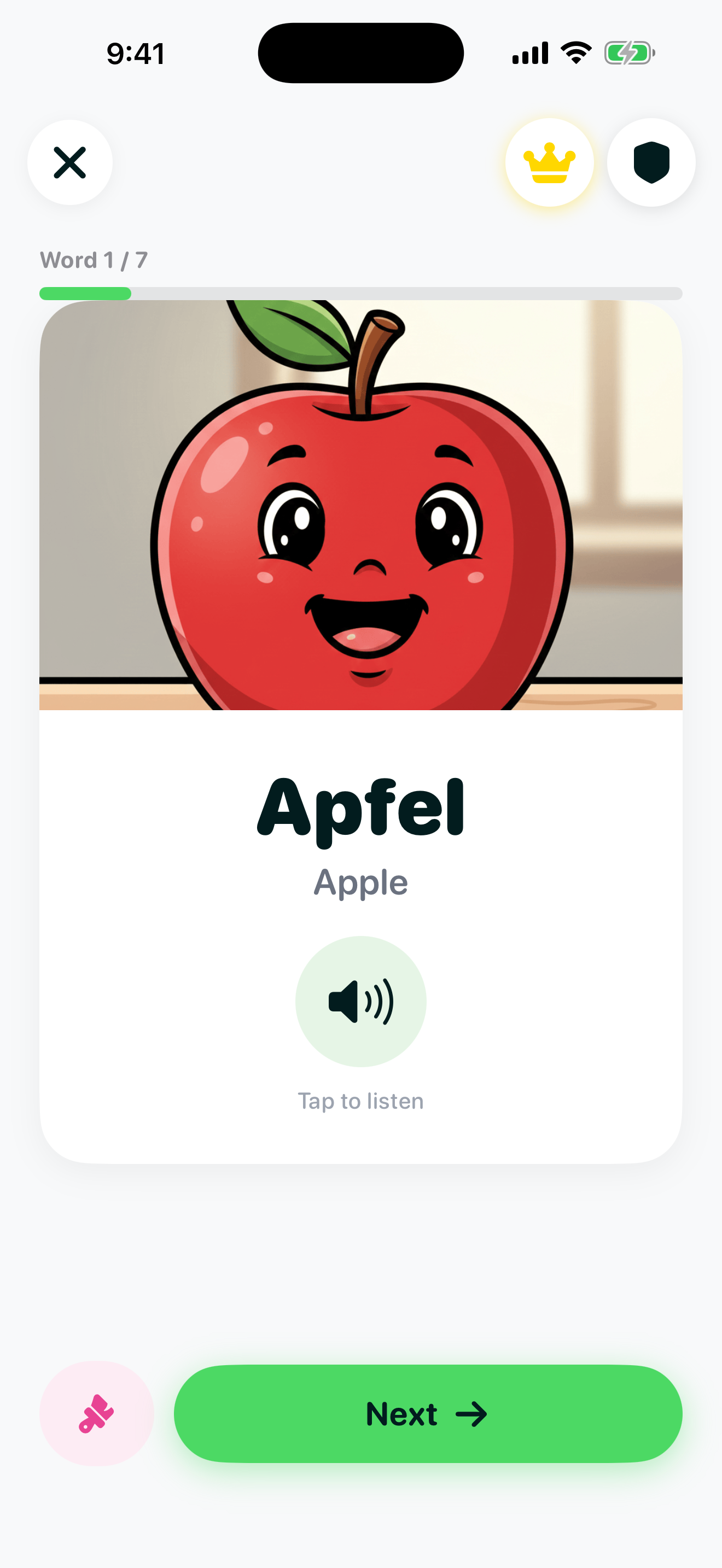 Word card for Apfel (Apple) showing a smiling cartoon apple illustration with a tap-to-listen audio button