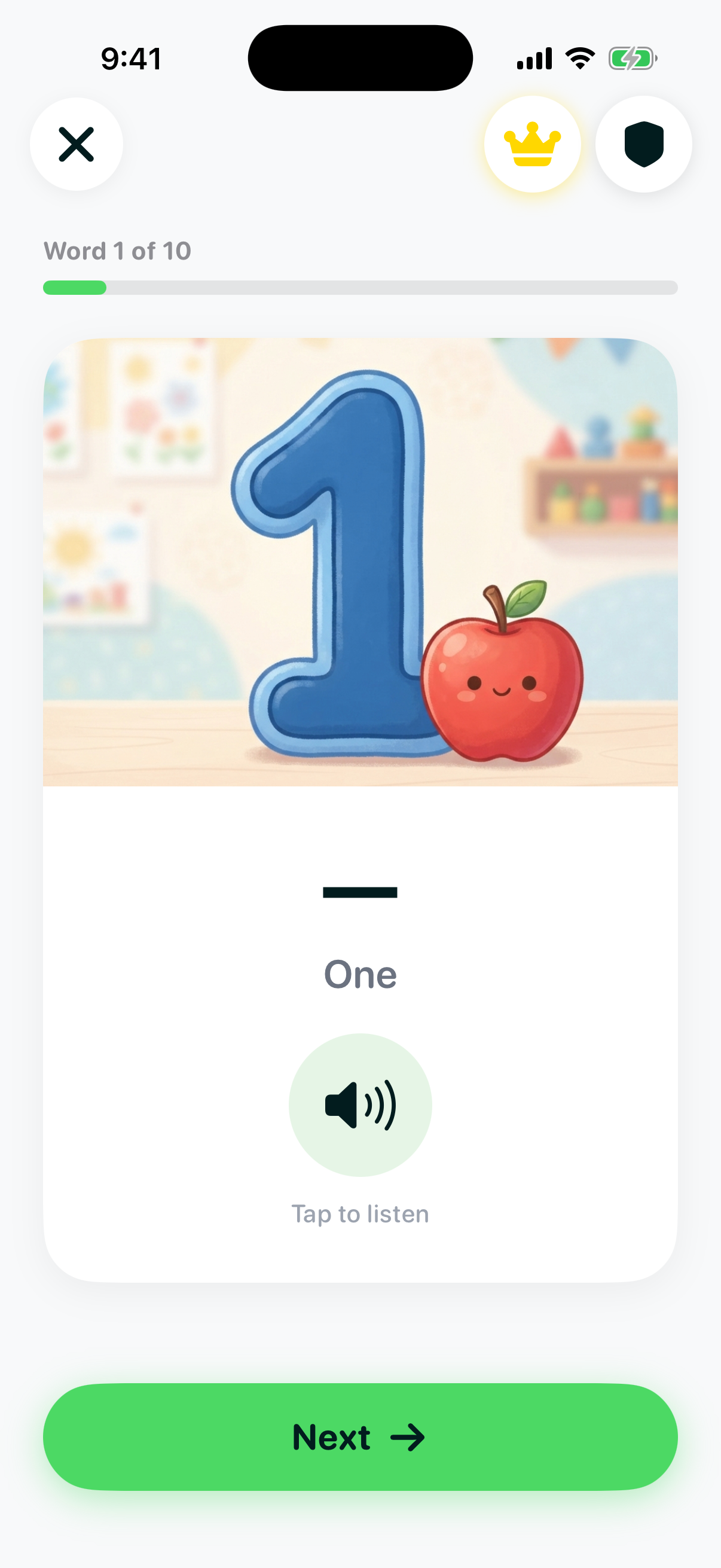 Word card for 一 (One) showing a numeral illustration beside a smiling cartoon apple with a tap-to-listen audio button