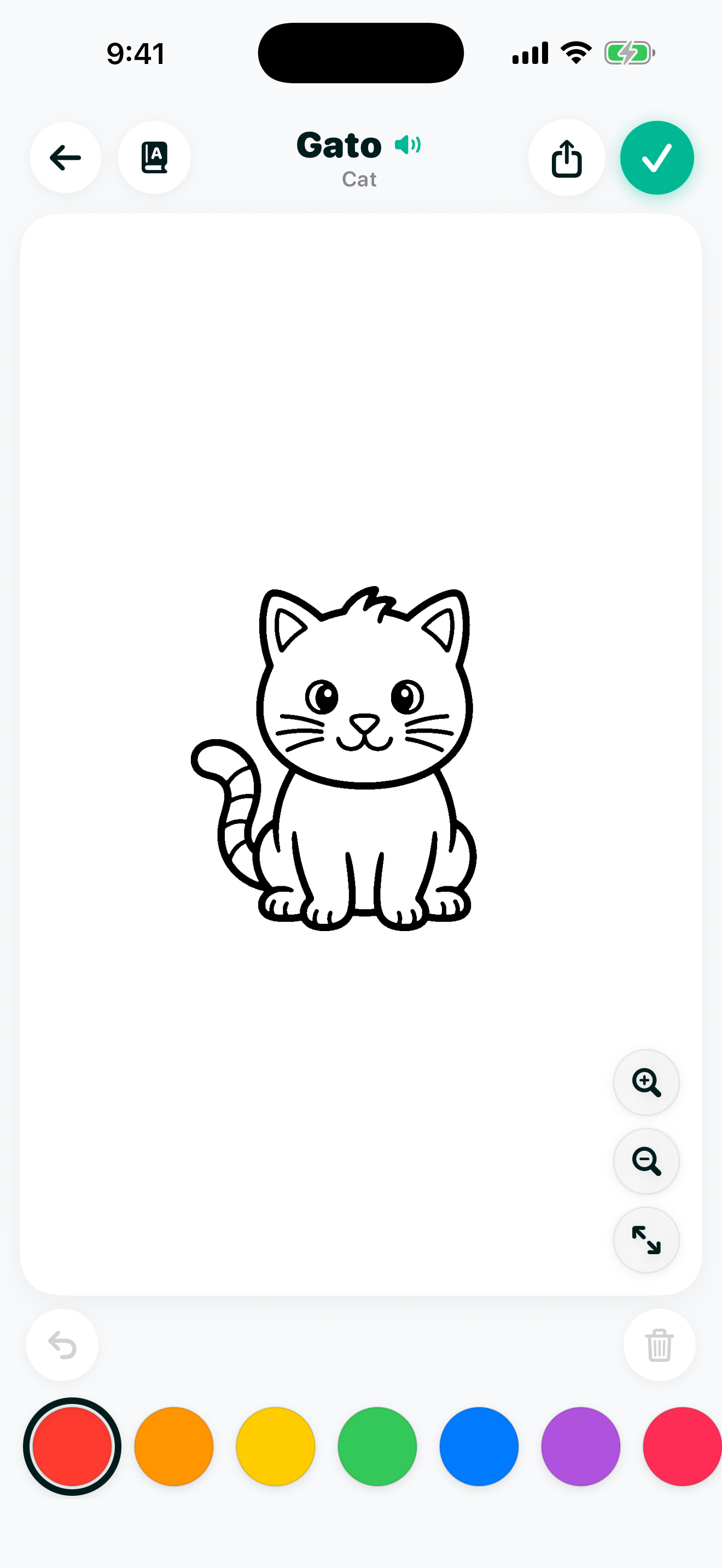 Coloring screen showing a cartoon cat line drawing labeled Gato (Cat) on a blank canvas with a row of color swatches