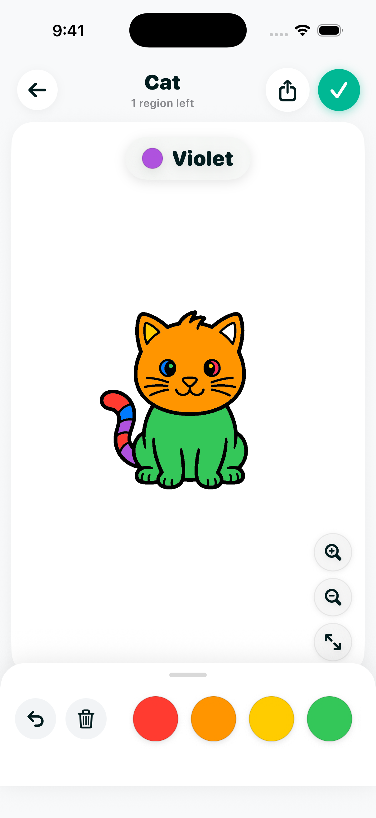 Coloring canvas showing a nearly-finished cartoon cat, colored orange and green with one region left to fill