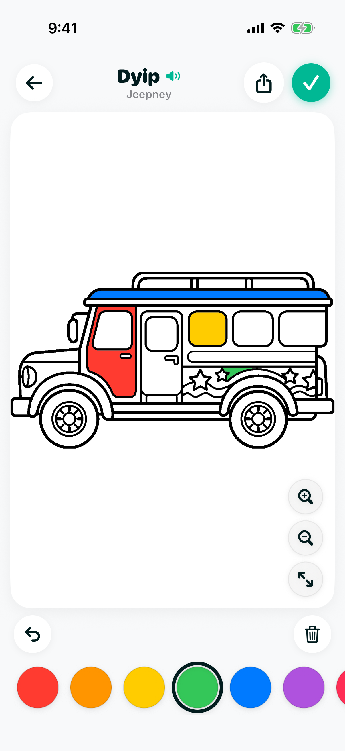 Coloring screen showing a traditional Filipino jeepney line drawing partially filled in with red, yellow, blue and green