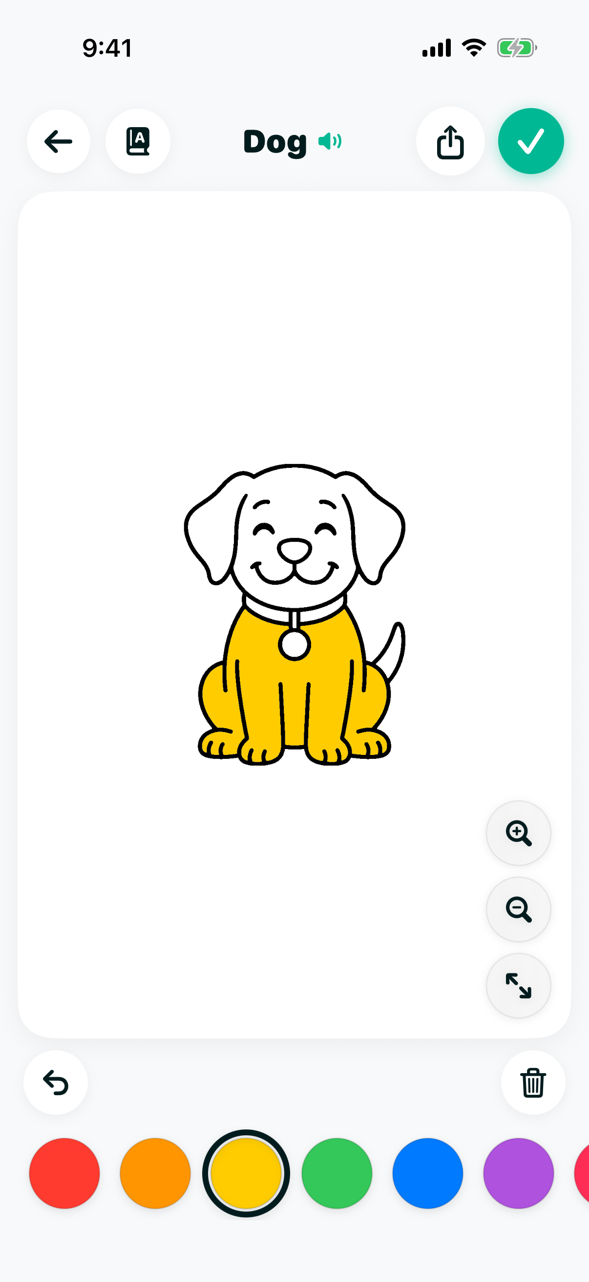 Coloring screen showing a cartoon dog being filled in with red and yellow from a row of color swatches