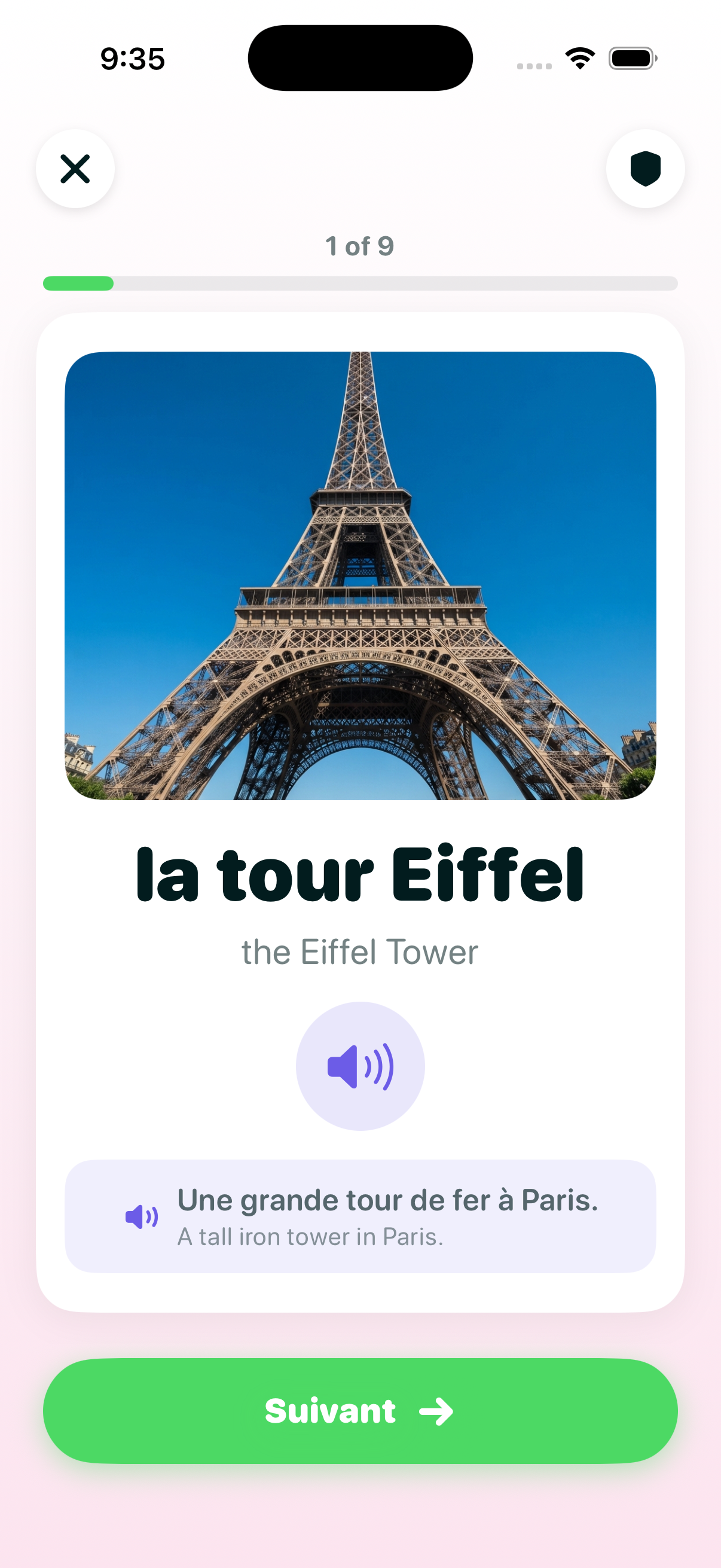 General Knowledge lesson screen showing a photo of the Eiffel Tower with the French phrase 'la tour Eiffel'