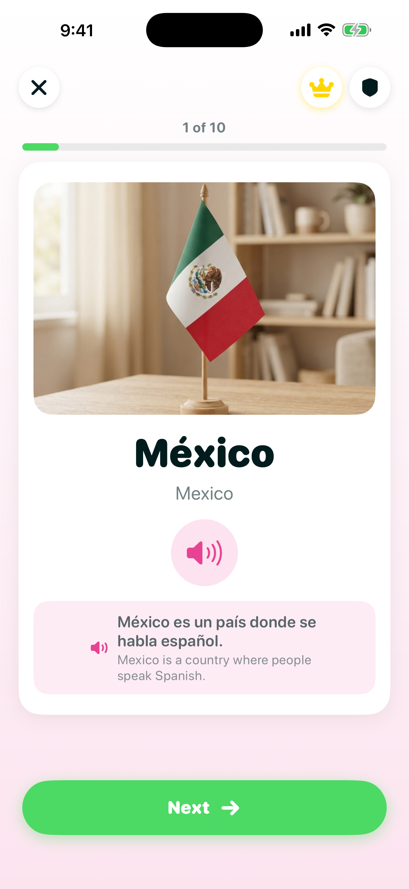 General Knowledge lesson screen showing the flag of Mexico with the bilingual sentence 'Mexico es un pais donde se habla espanol / Mexico is a country where people speak Spanish'