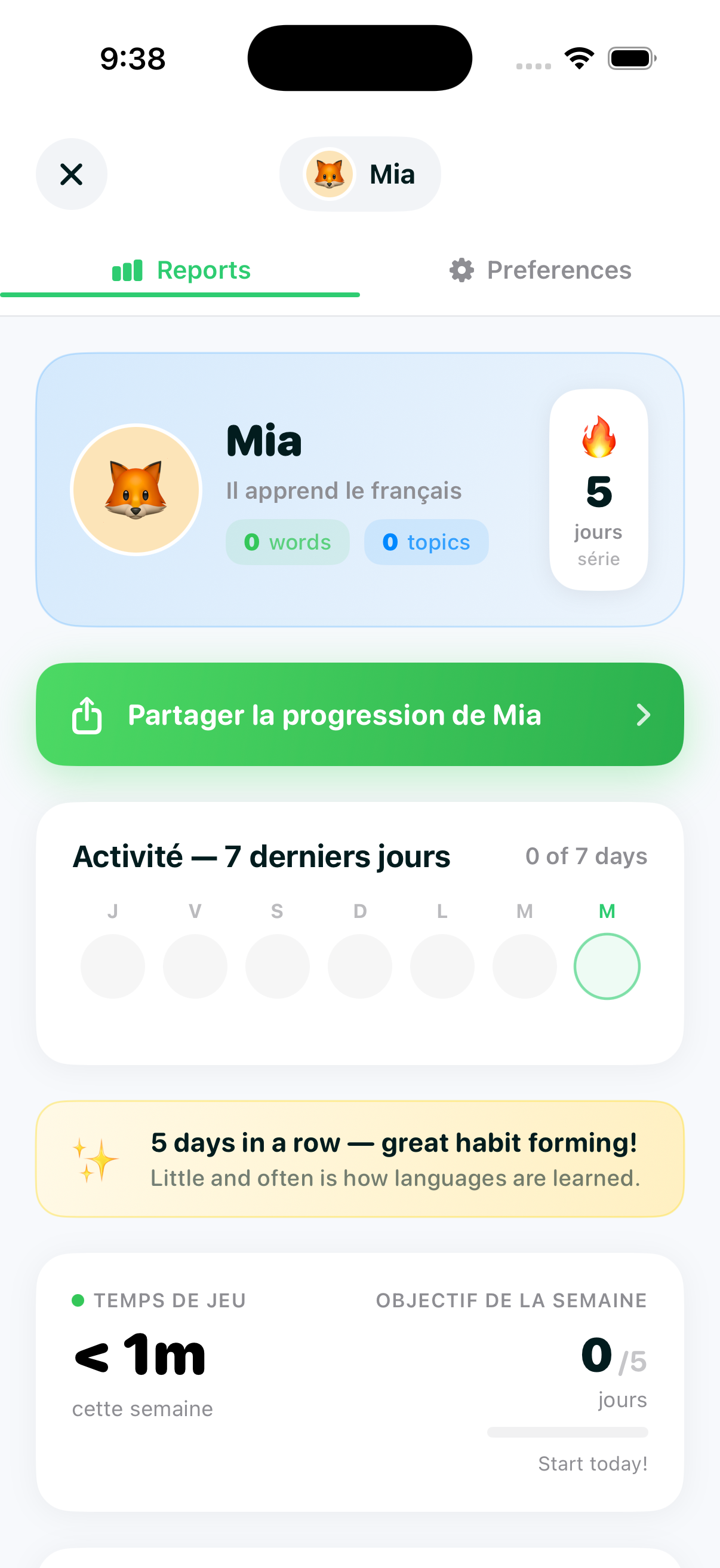 Parent dashboard screen showing a child's profile with a 5-day streak flame, a 7-day activity chart, and a weekly play-time goal