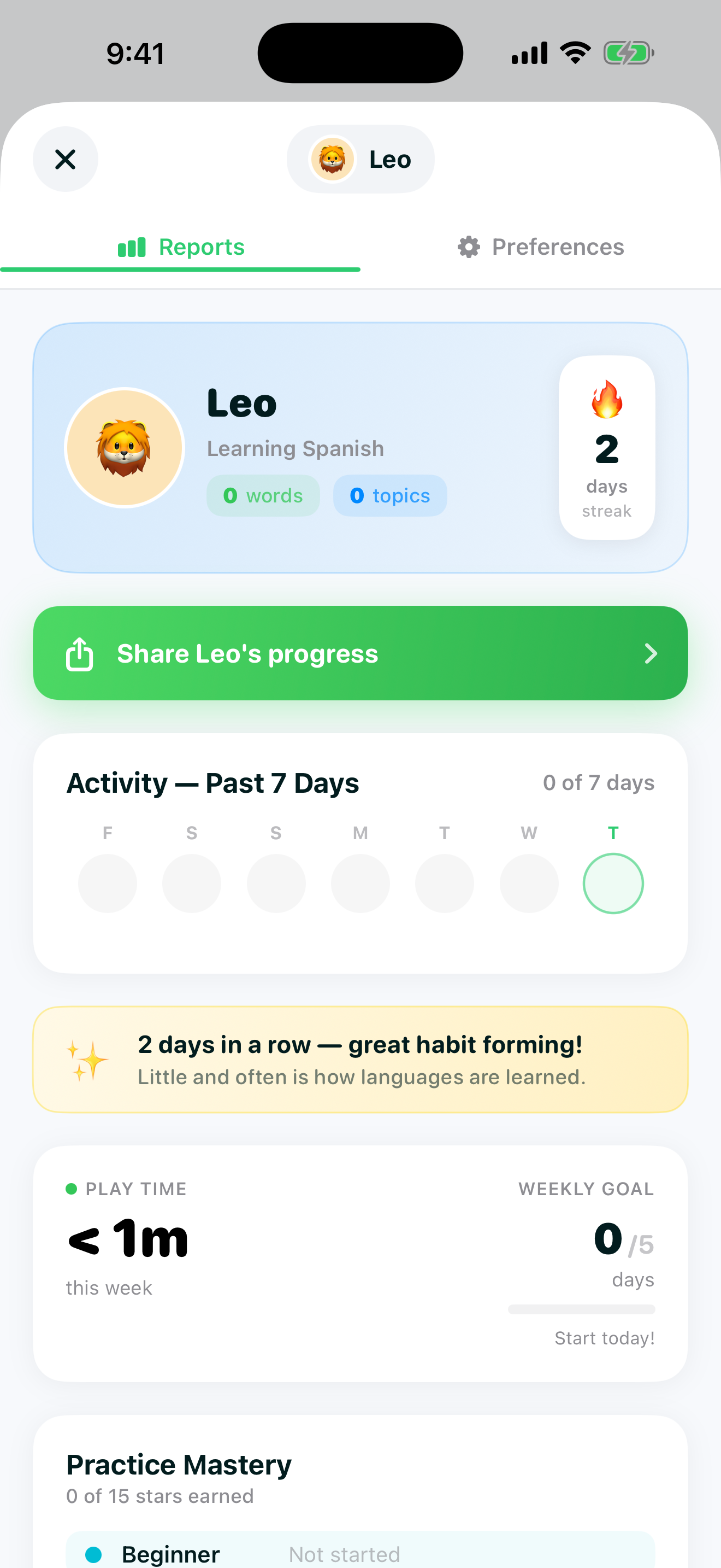 Parent dashboard screen showing a child's profile named Leo with a 2-day streak, a 7-day activity view, a weekly play-time goal, and Practice Mastery stars