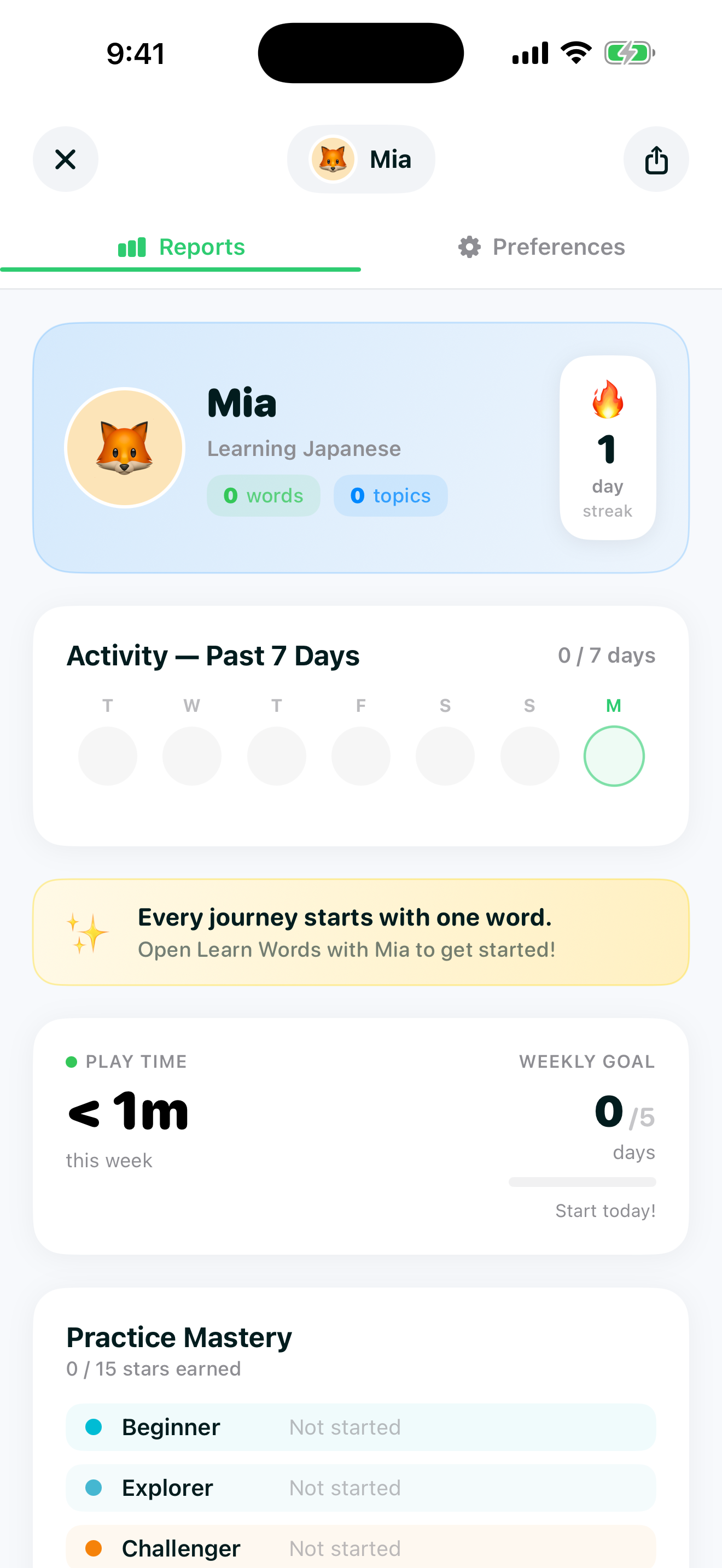 Parent dashboard Reports tab showing a child's profile, a weekly activity streak tracker, play-time goals and Practice Mastery levels