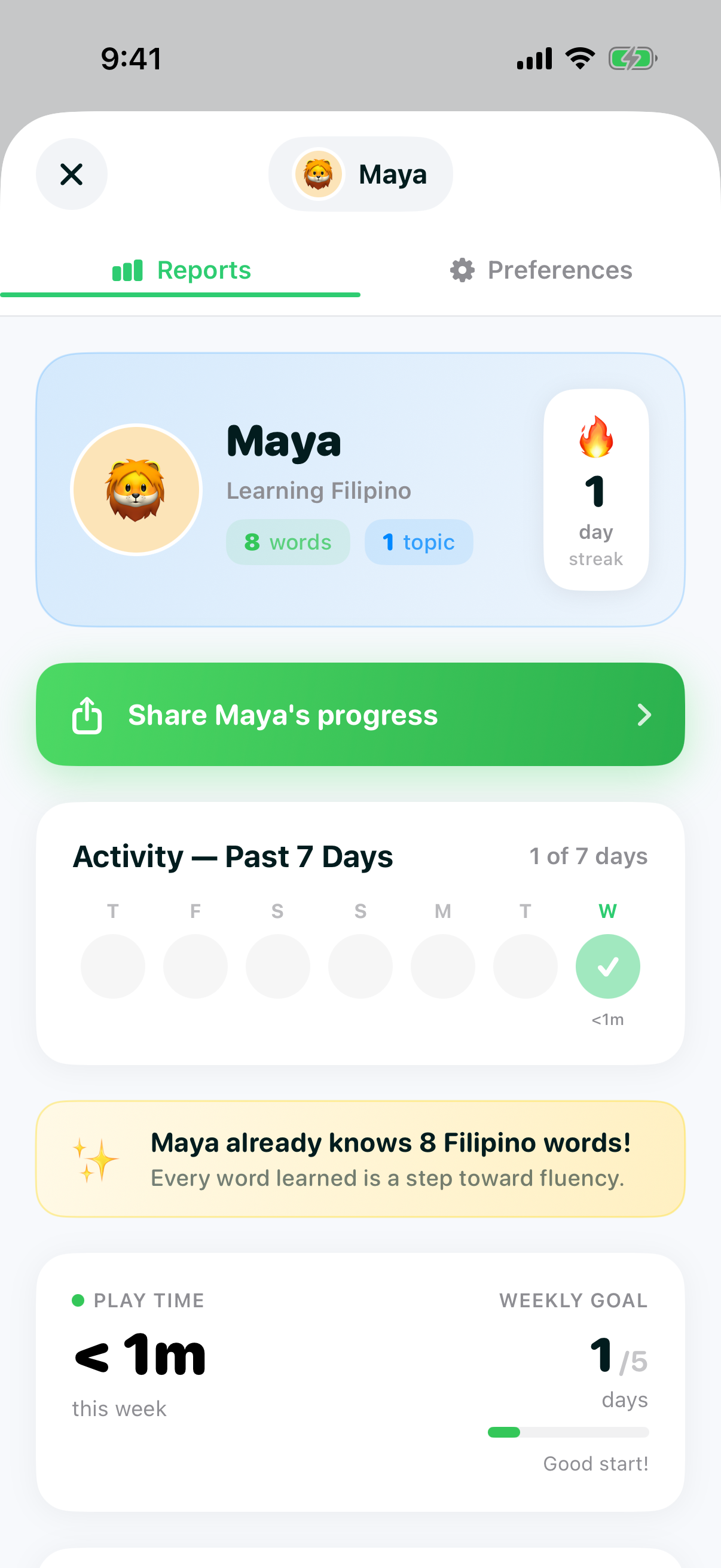 Parent dashboard screen showing a child's profile with 8 Filipino words learned, 1 topic completed and a 1-day streak
