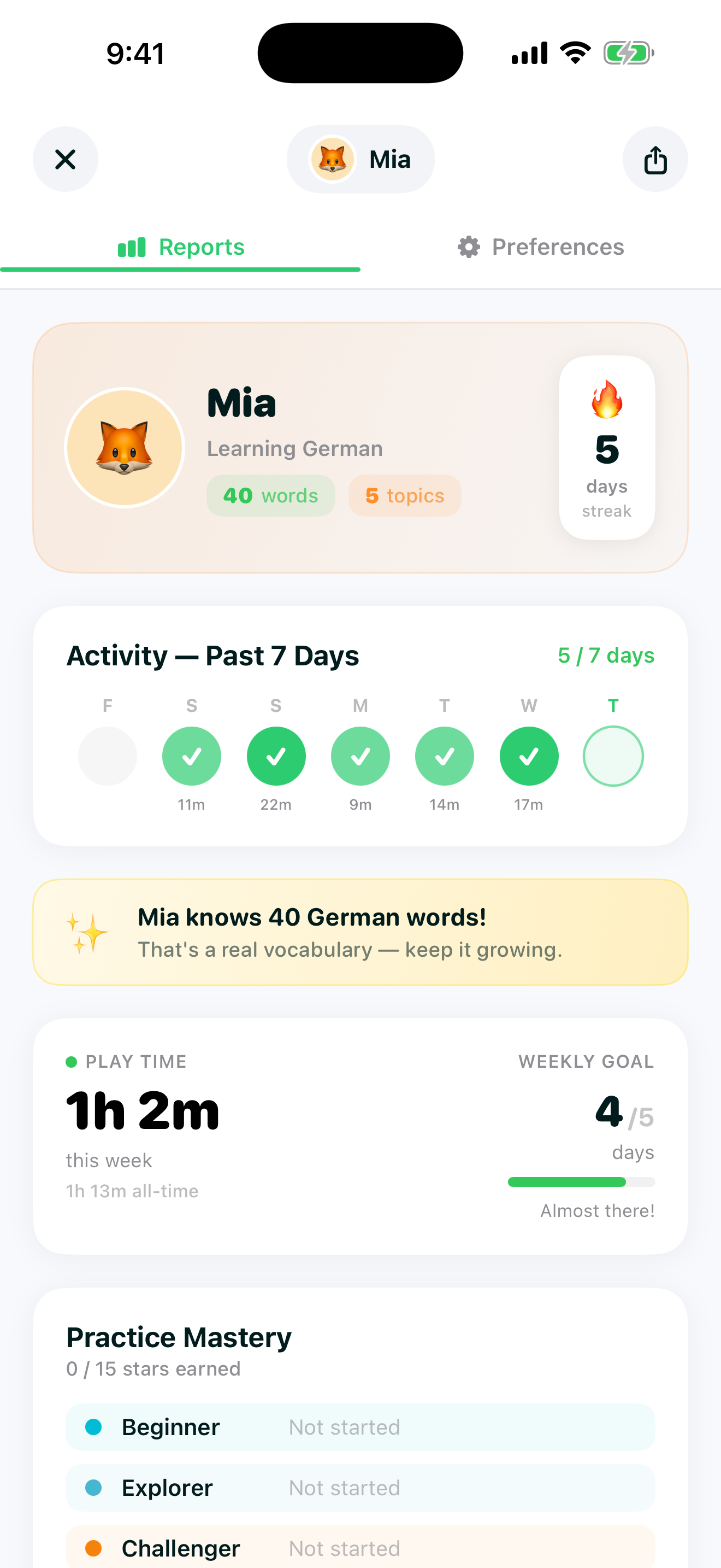 Parent dashboard screen showing a child's profile named Mia with 40 words learned, 5 topics completed and a 5-day streak