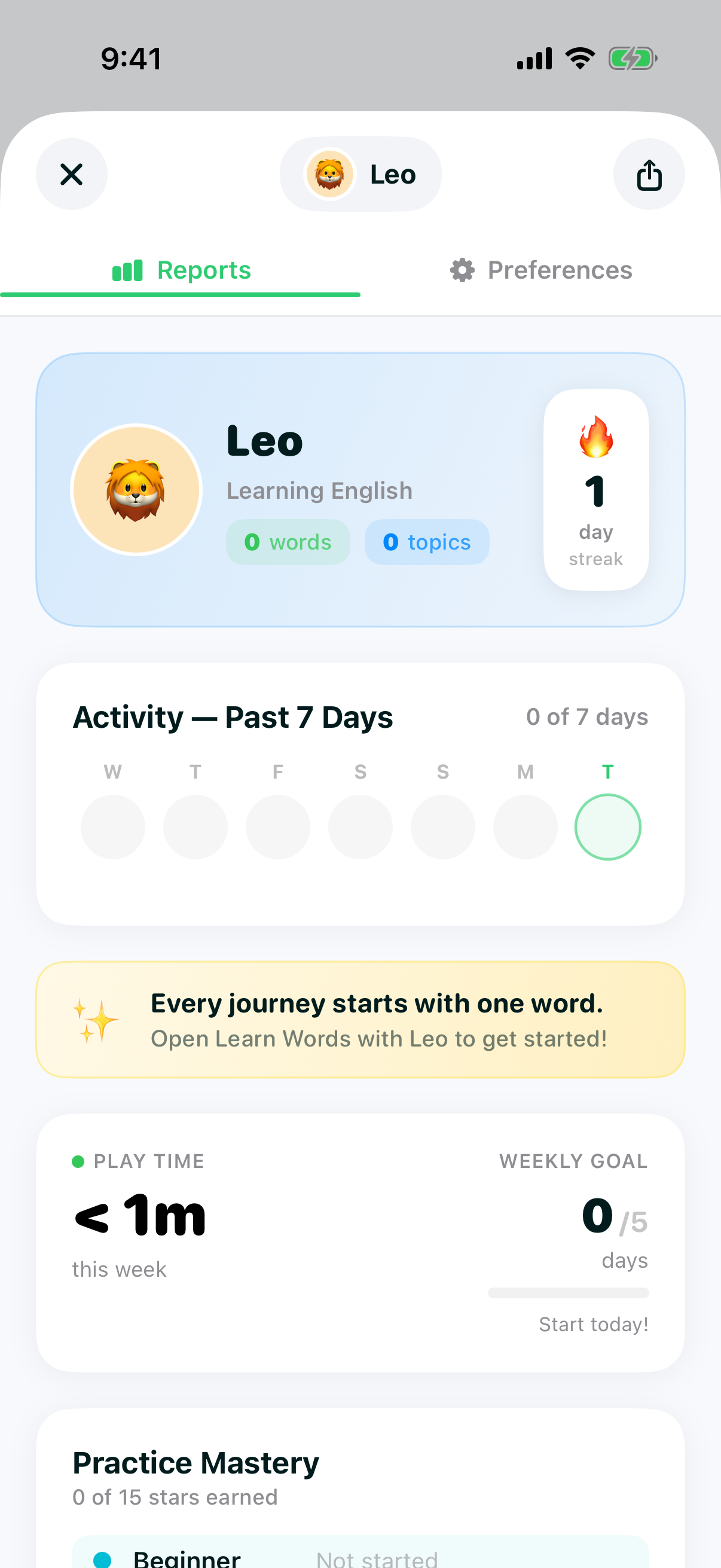 Parent dashboard showing a child profile with 14 words learned, 2 topics completed and a 2-day streak