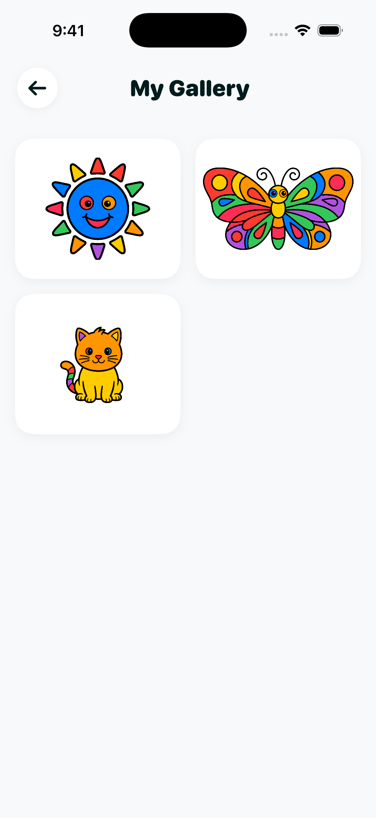 My Gallery grid showing three finished colorful pieces — a sun, a butterfly, and a cat