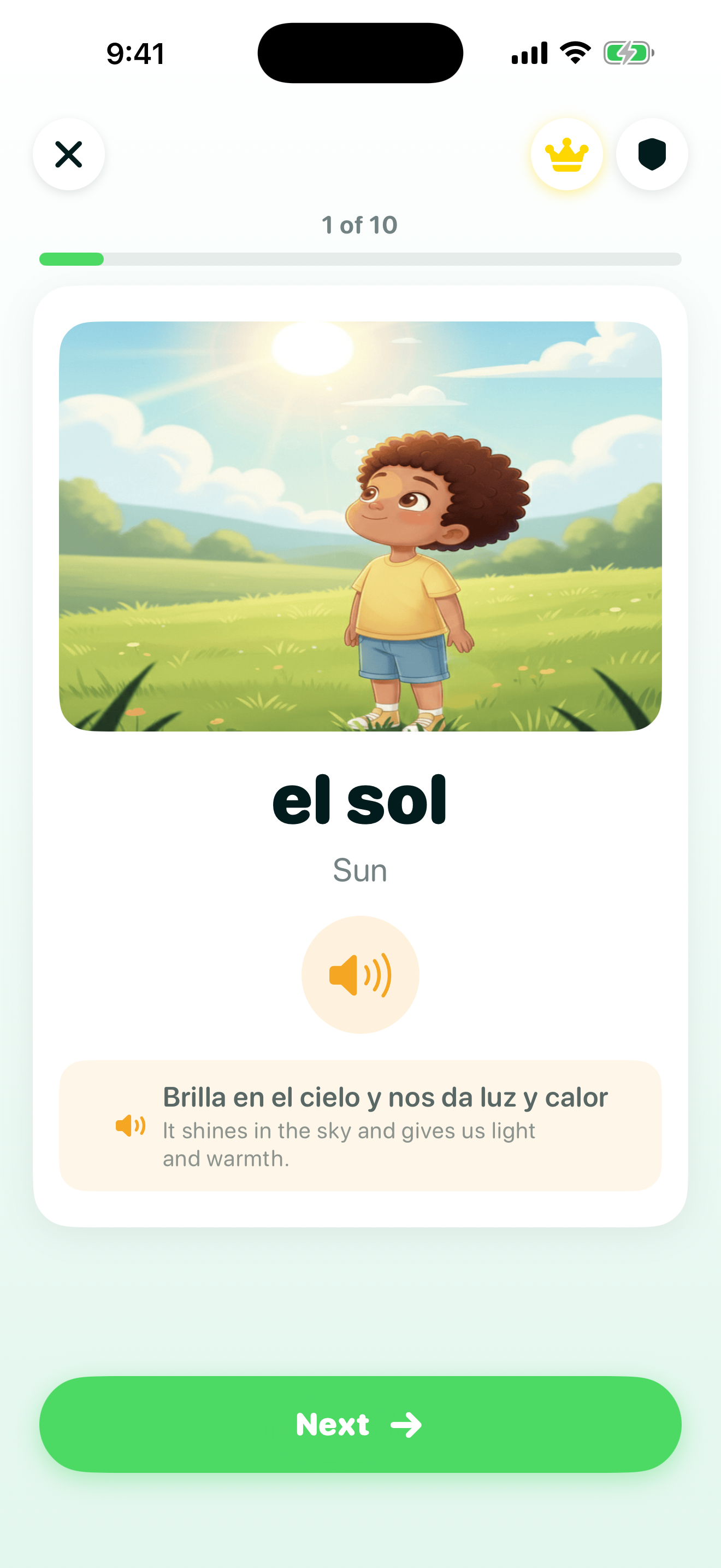 Science lesson screen showing a child looking up at the sun with the bilingual sentence 'Brilla en el cielo y nos da luz y calor / It shines in the sky and gives us light and warmth'