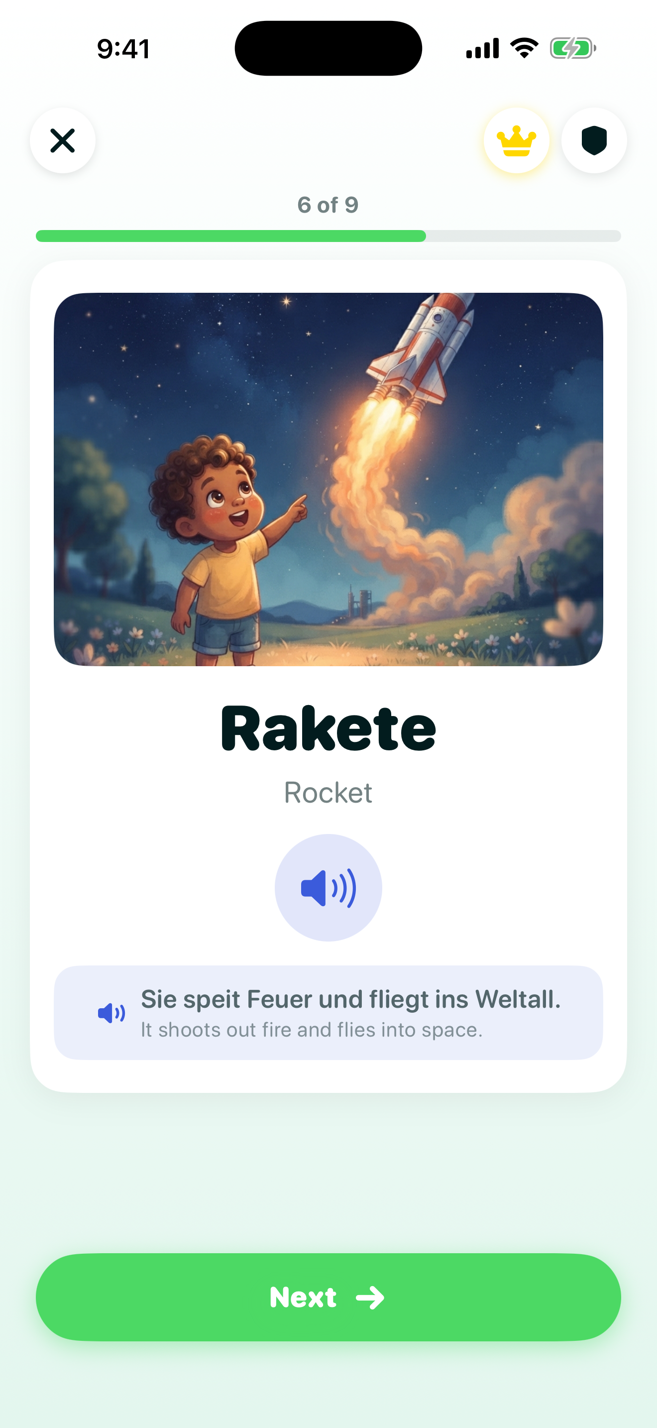 Science lesson screen showing a child pointing at a rocket launching into a starry night sky, with the German sentence Sie speit Feuer und fliegt ins Weltall and its English translation