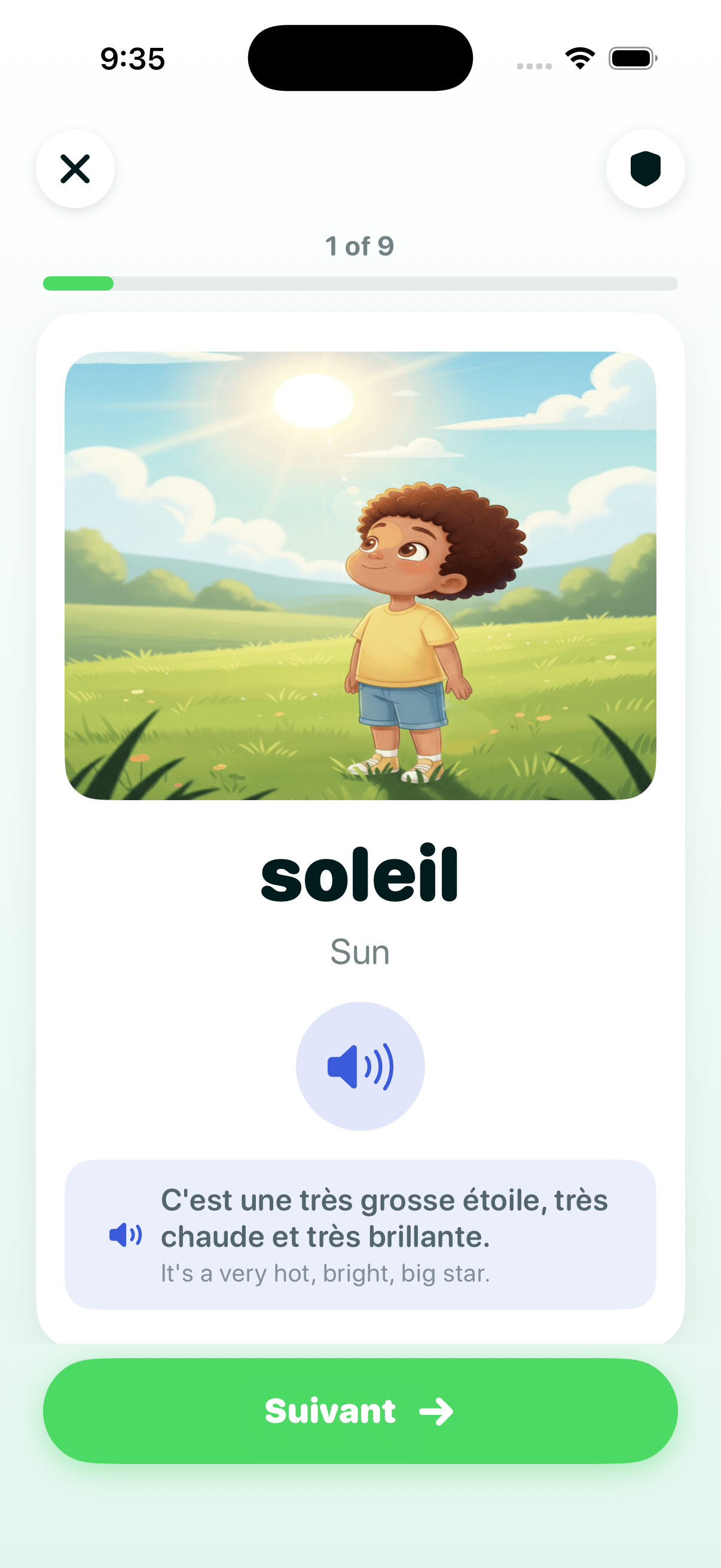 Science lesson screen showing a child looking up at a bright sun with a bilingual French and English sentence about the sun