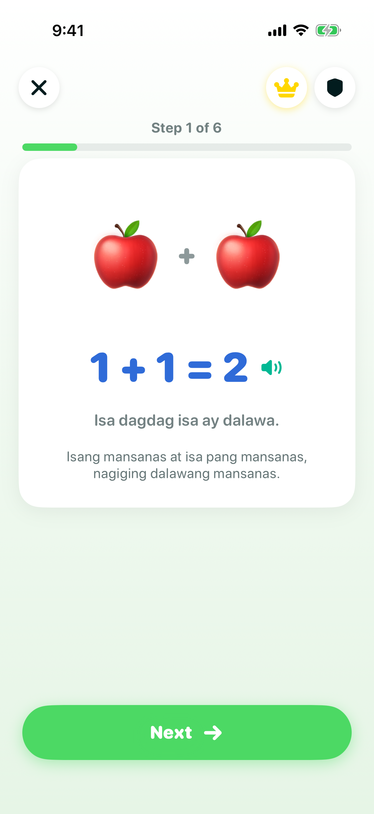 Math lesson screen showing two apple icons and the equation 1 + 1 = 2 with a bilingual Filipino and English explanation