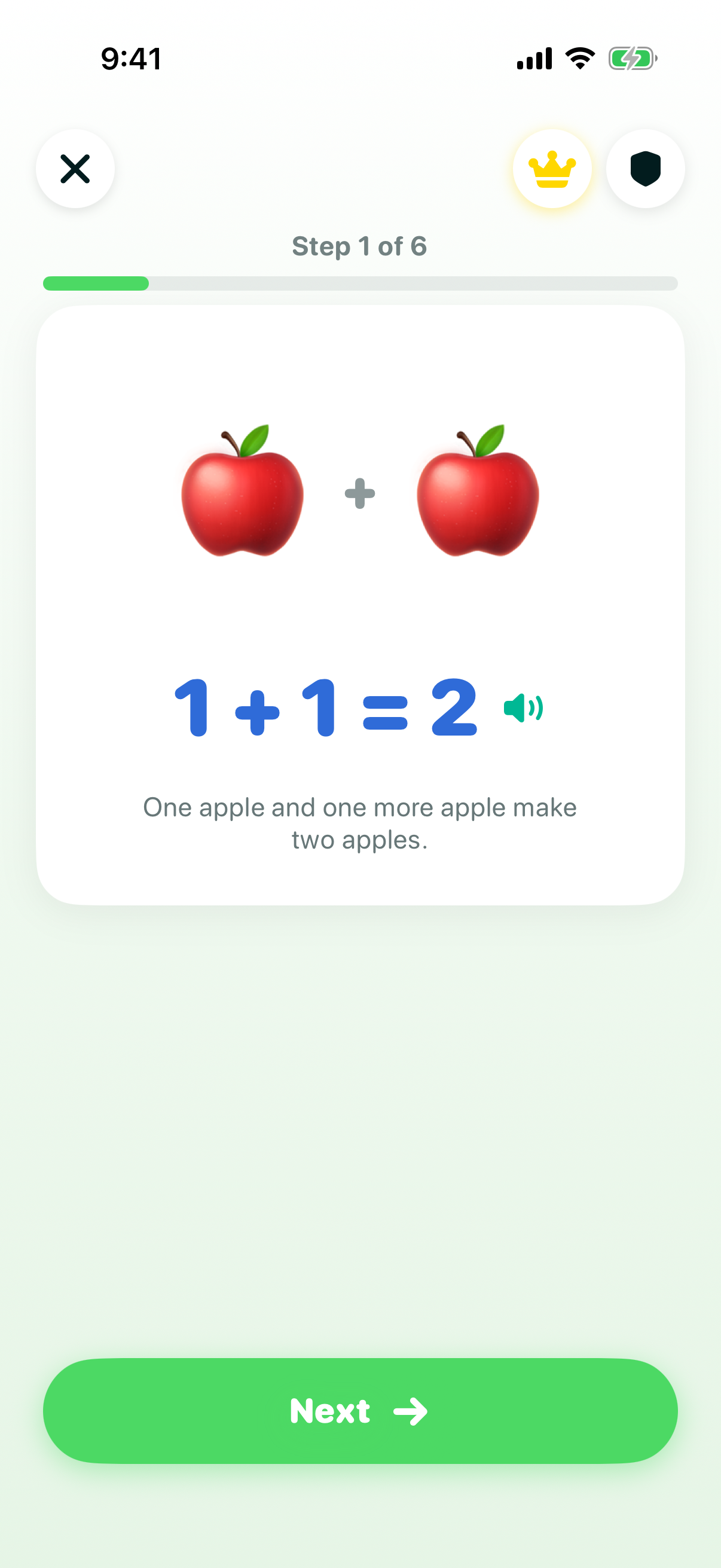 Math lesson screen showing two red apples and the equation 1 + 1 = 2 with a spoken explanation