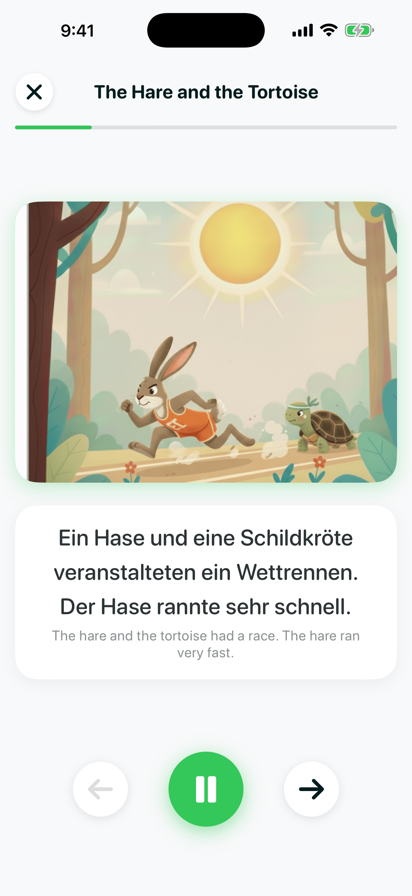 Bedtime Stories screen showing an illustrated page from The Hare and the Tortoise with German story text, an English translation, and playback controls