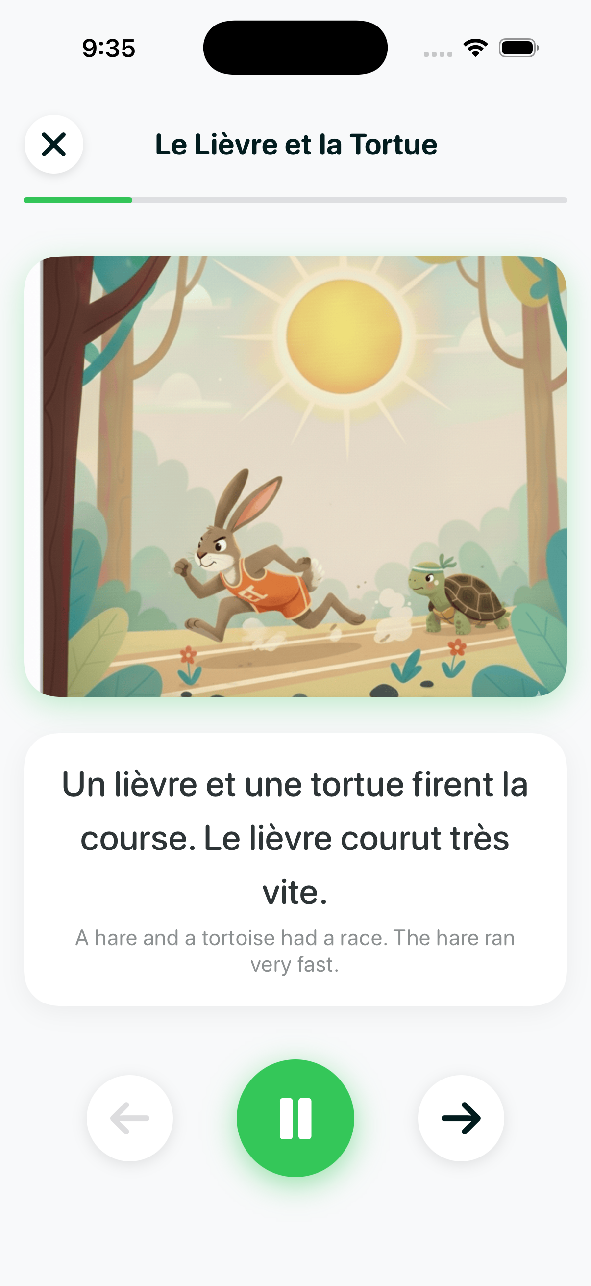 Bedtime Stories screen showing an illustrated page from Le Lièvre et la Tortue (The Hare and the Tortoise) with French story text and playback controls