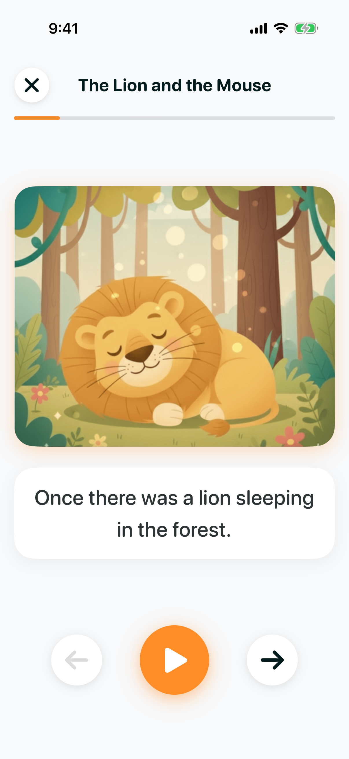 Bedtime story player showing an illustrated page from The Lion and the Mouse with playback controls