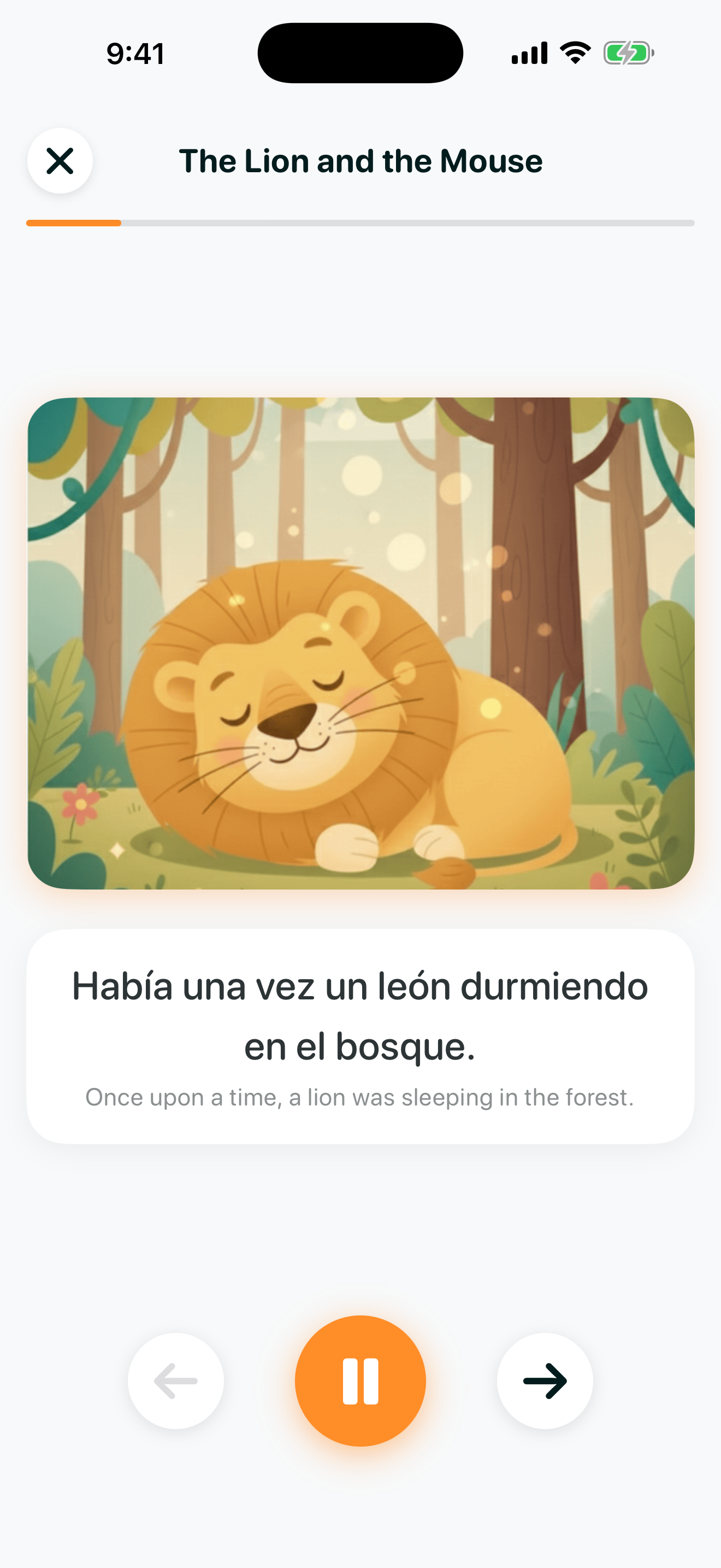Bedtime Stories screen showing an illustrated sleeping lion from The Lion and the Mouse with Spanish story text, an English translation, and playback controls