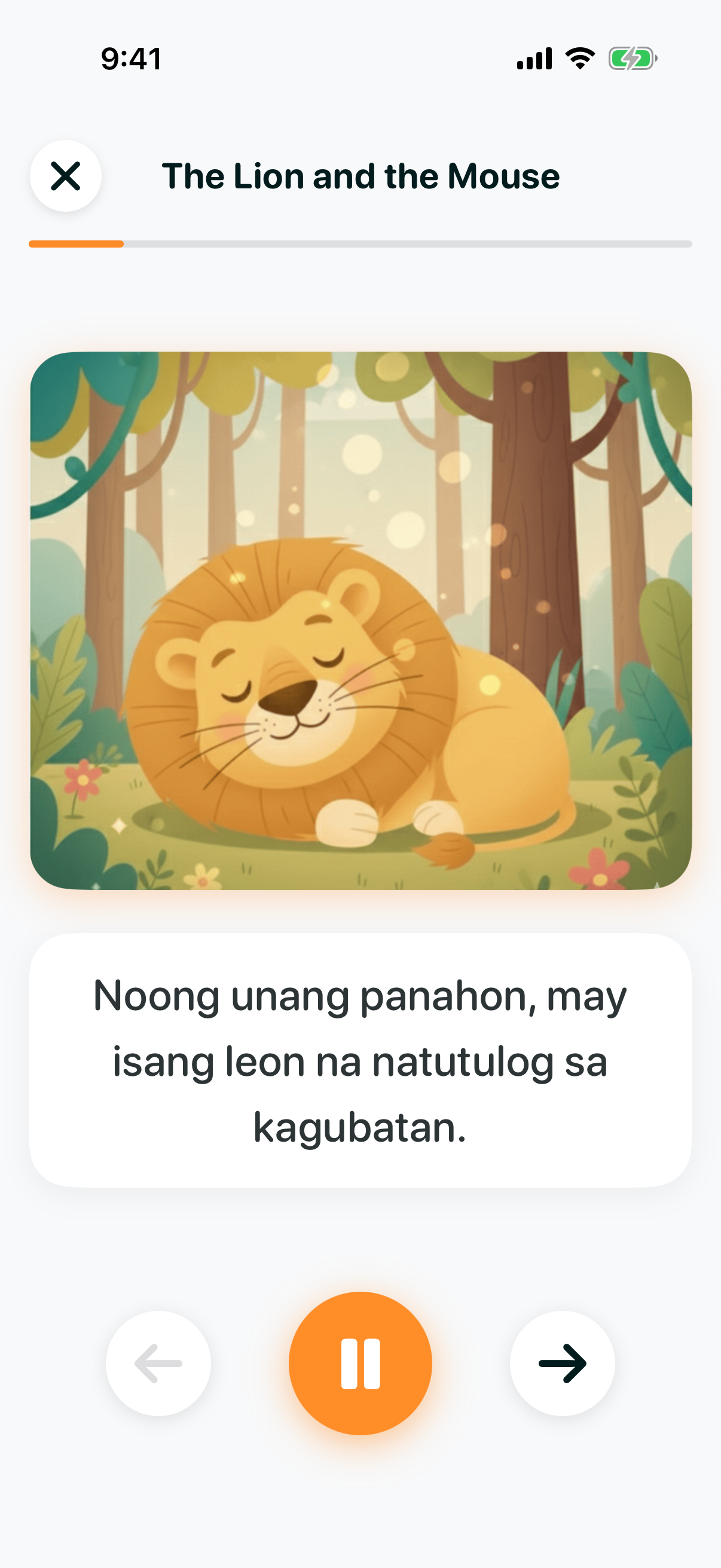 Bedtime Stories screen showing an illustrated page from The Lion and the Mouse with Filipino story text and playback controls