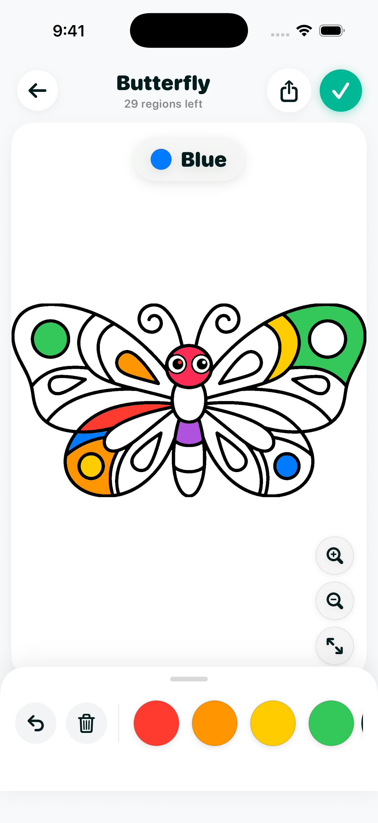 Butterfly coloring page half-filled with color, clearly showing the tap-to-fill mechanic