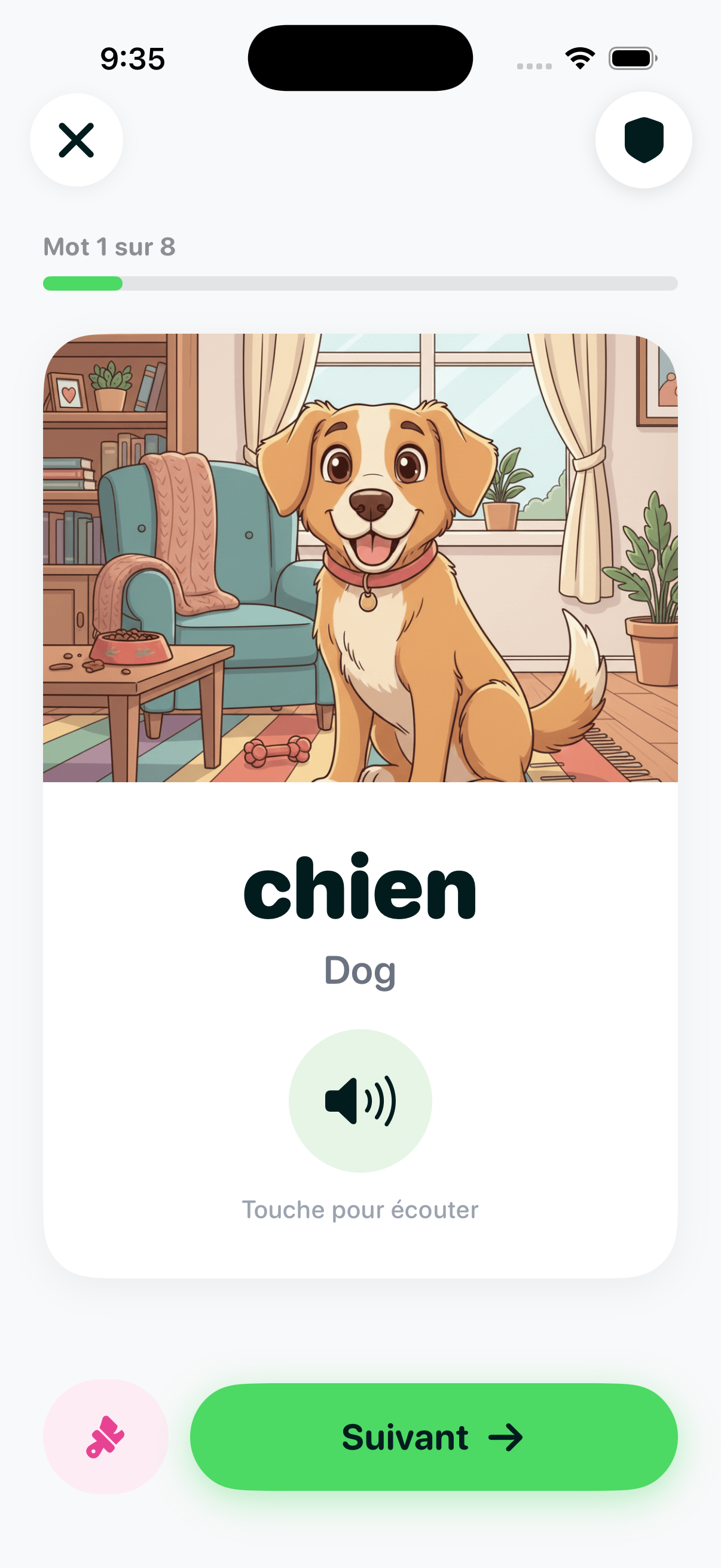 Learn Words flashcard showing the French word 'chien' (Dog) with a cartoon golden retriever illustration and a tap-to-listen audio button
