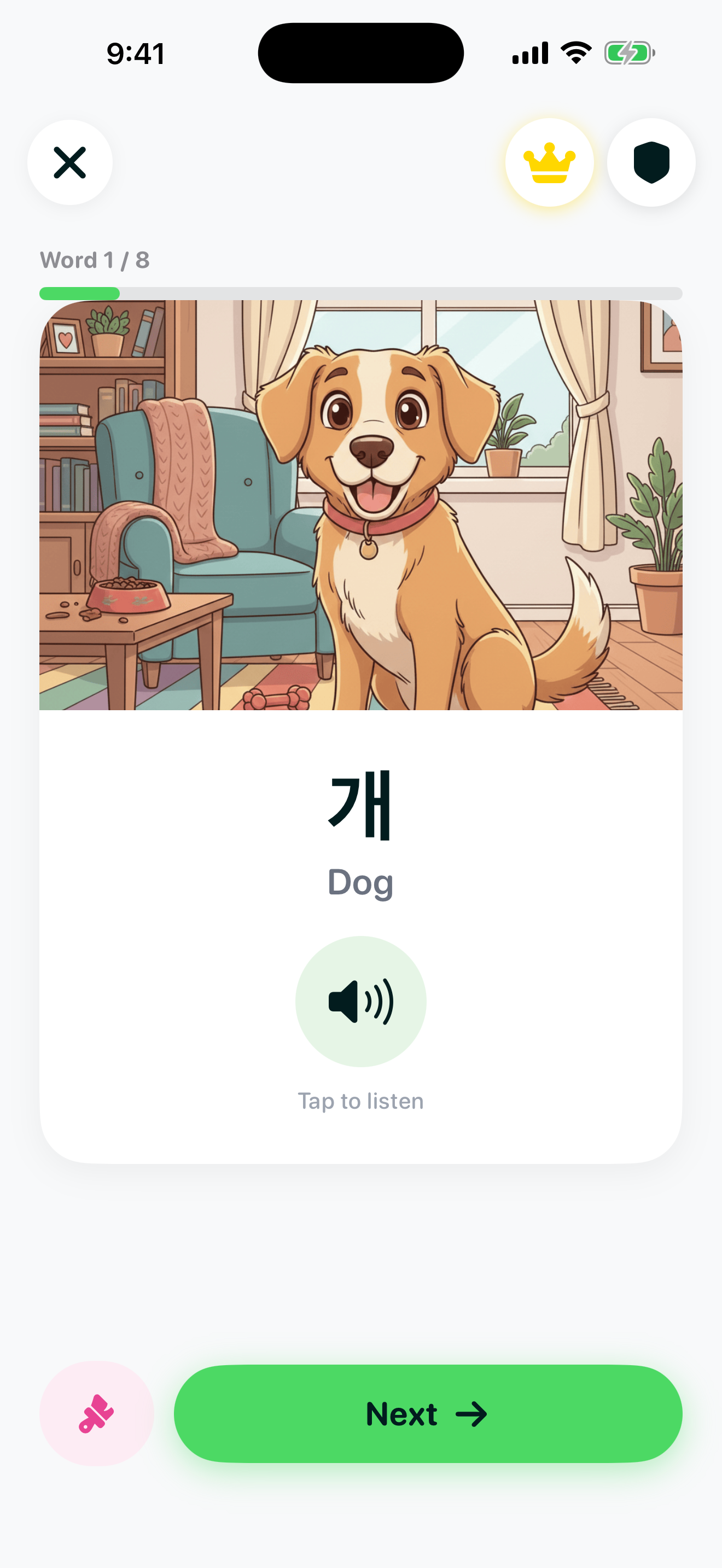 Learn Words lesson screen showing the Korean word 개 (Dog) with an illustration and English translation