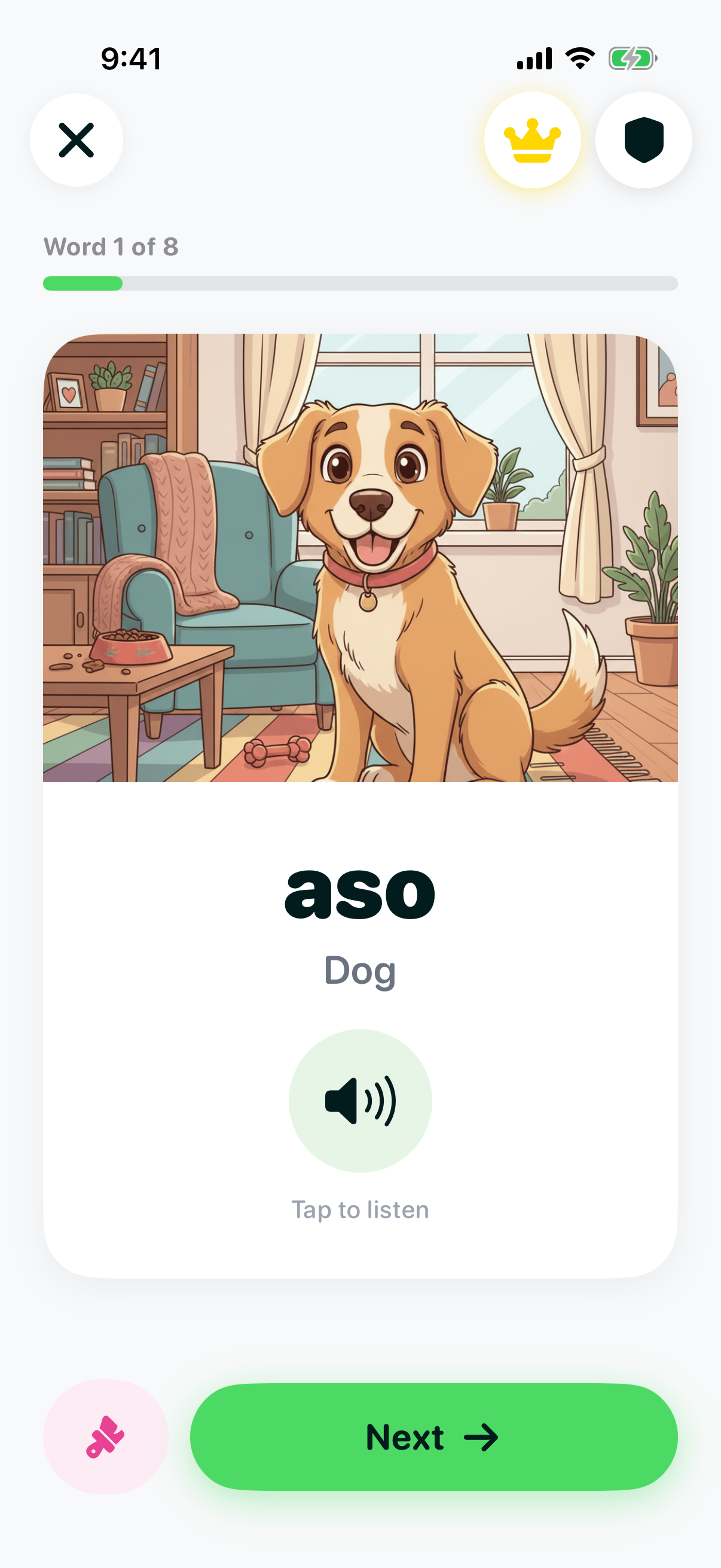Learn Words flashcard showing the Filipino word "aso" (Dog) with a cartoon golden retriever illustration and a tap-to-listen audio button