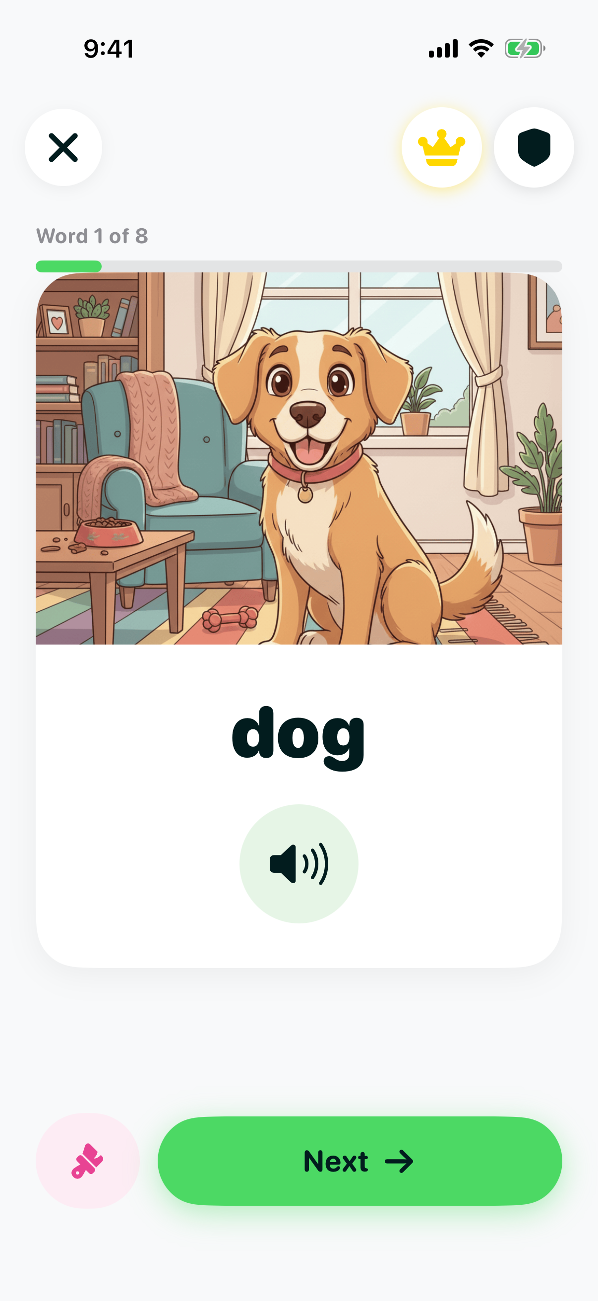 Learn Words flashcard showing the English word "dog" with a cartoon golden retriever illustration and a tap-to-listen audio button