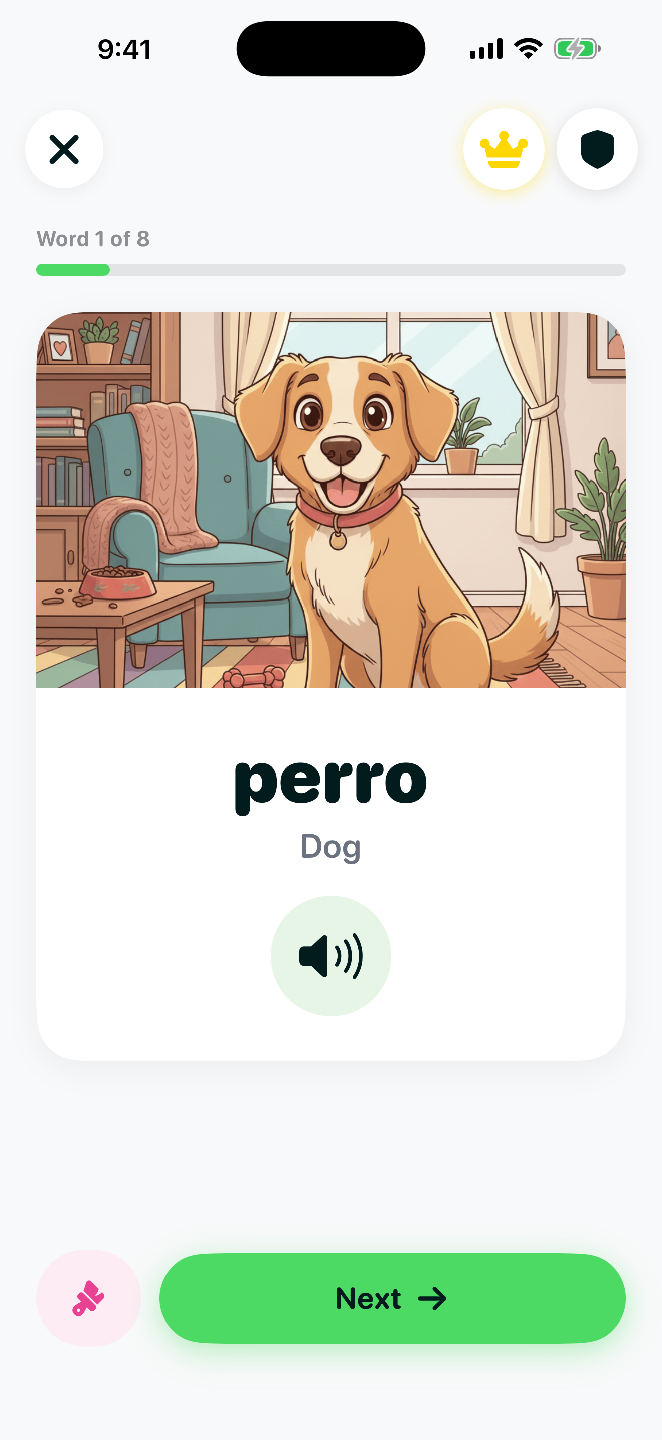 Learn Words flashcard showing the Spanish word perro (Dog) with a cartoon golden retriever illustration in a cozy living room and a tap-to-listen audio button